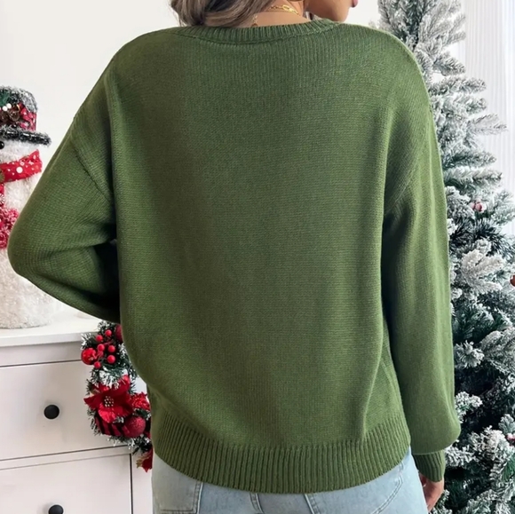 MERRY Print Drop Shoulder Sweater, Casual Simple Crew Neck Long Sleeve Pullover - Picture 5 of 7
